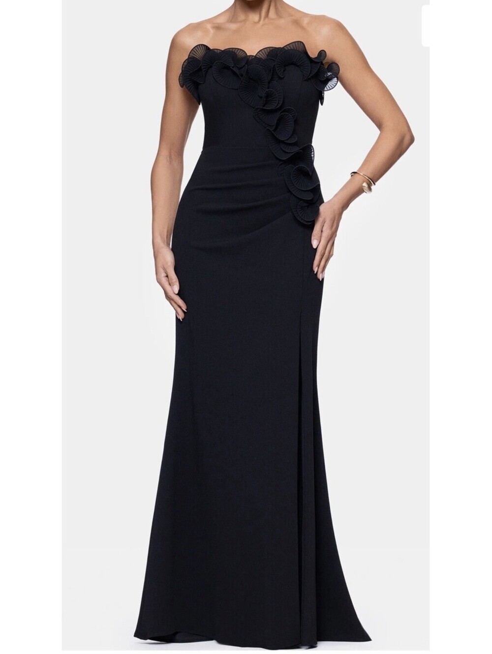 New Xscape Ruffle Detail Strapless Scuba Crepe Sheath Gown In Black Size 8 $258
